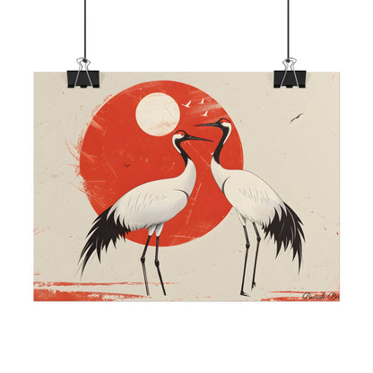 Serene Wildlife Sanctuary: Cranes in Red Nature Scene Art - Poster