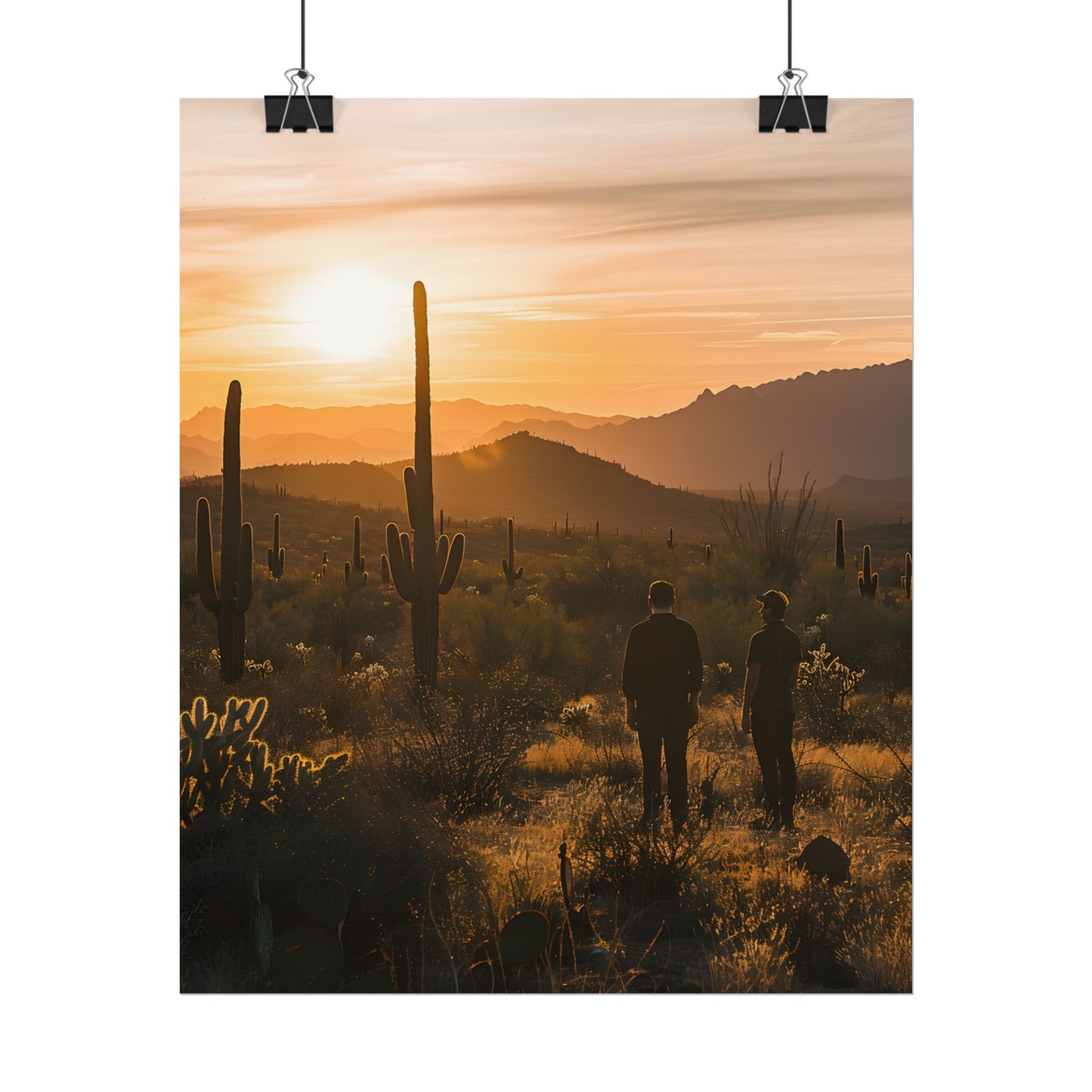 Desert Sunset Serenity: Two Friends Standing Together - Poster