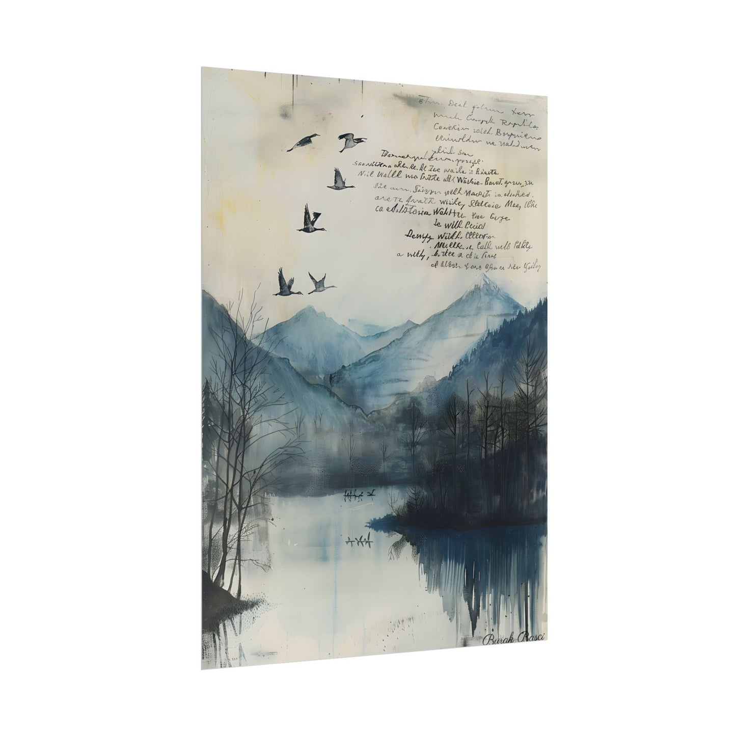 Nature's Serenity: Mountain Lake Birds in Flight Artwork - Poster