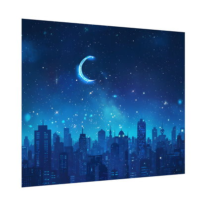 Peaceful Night Sky with Crescent Moon: Starry Digital Art - Poster