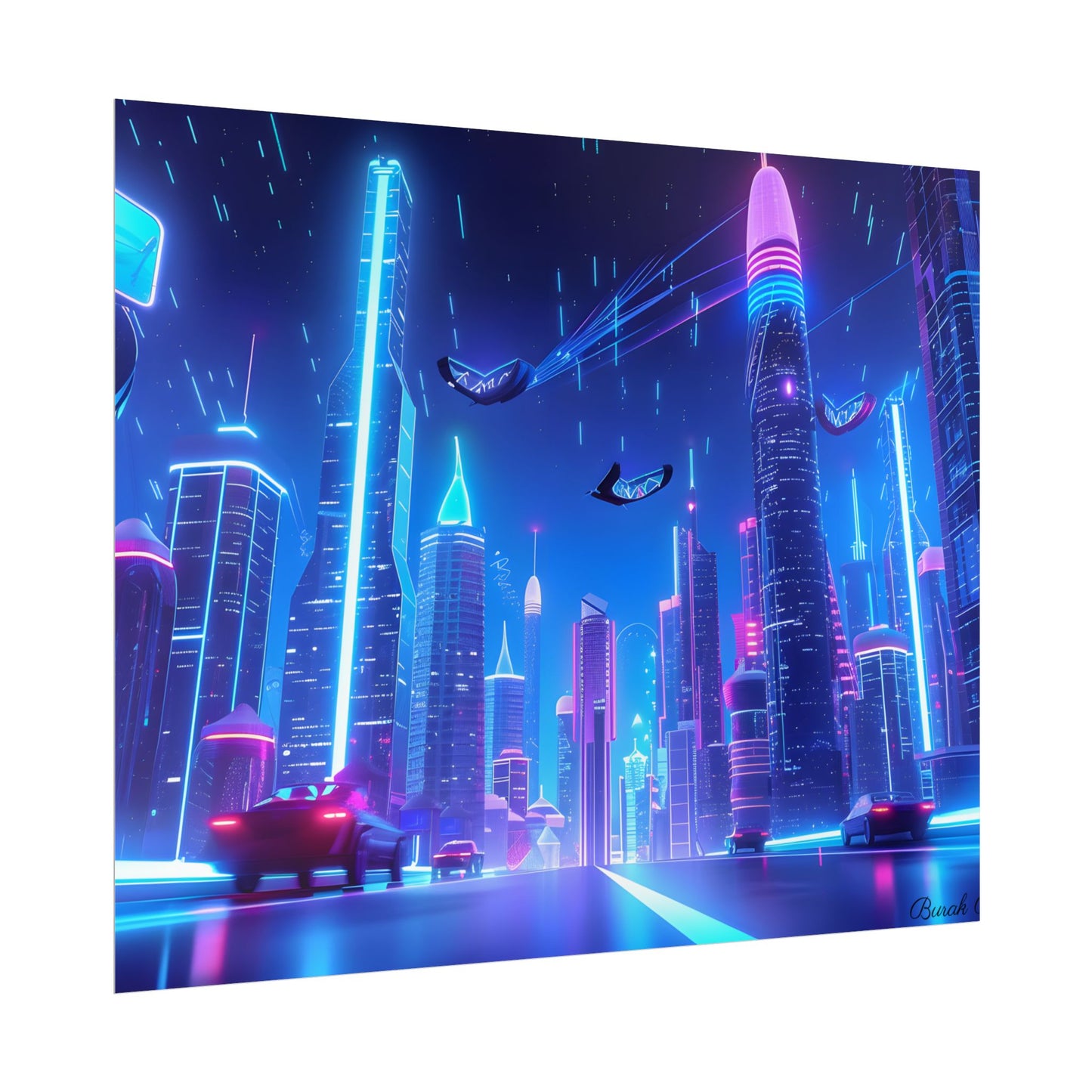 Vibrant Futuristic Cityscape: Neon Lights at Night Digital Artwork - Poster