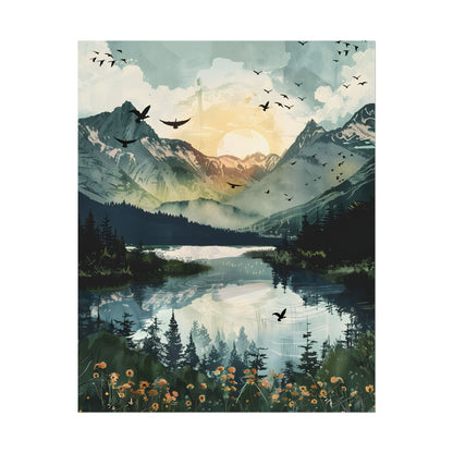 Serene Mountain Lake: Birds in Flight - Natural Art - Poster