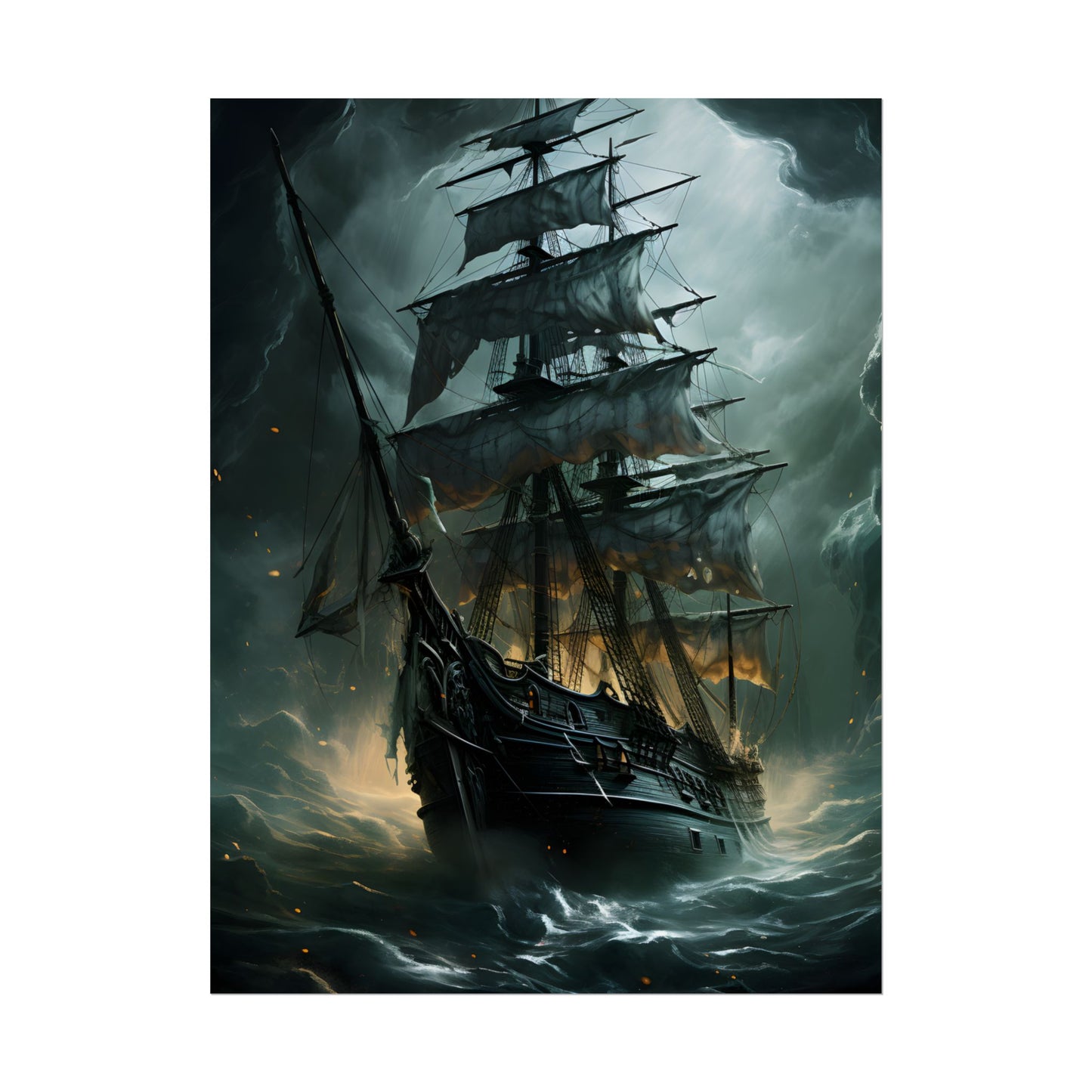Ghostly Pirate Ship: Sailing Solo in Eerie Blue Skies - Poster