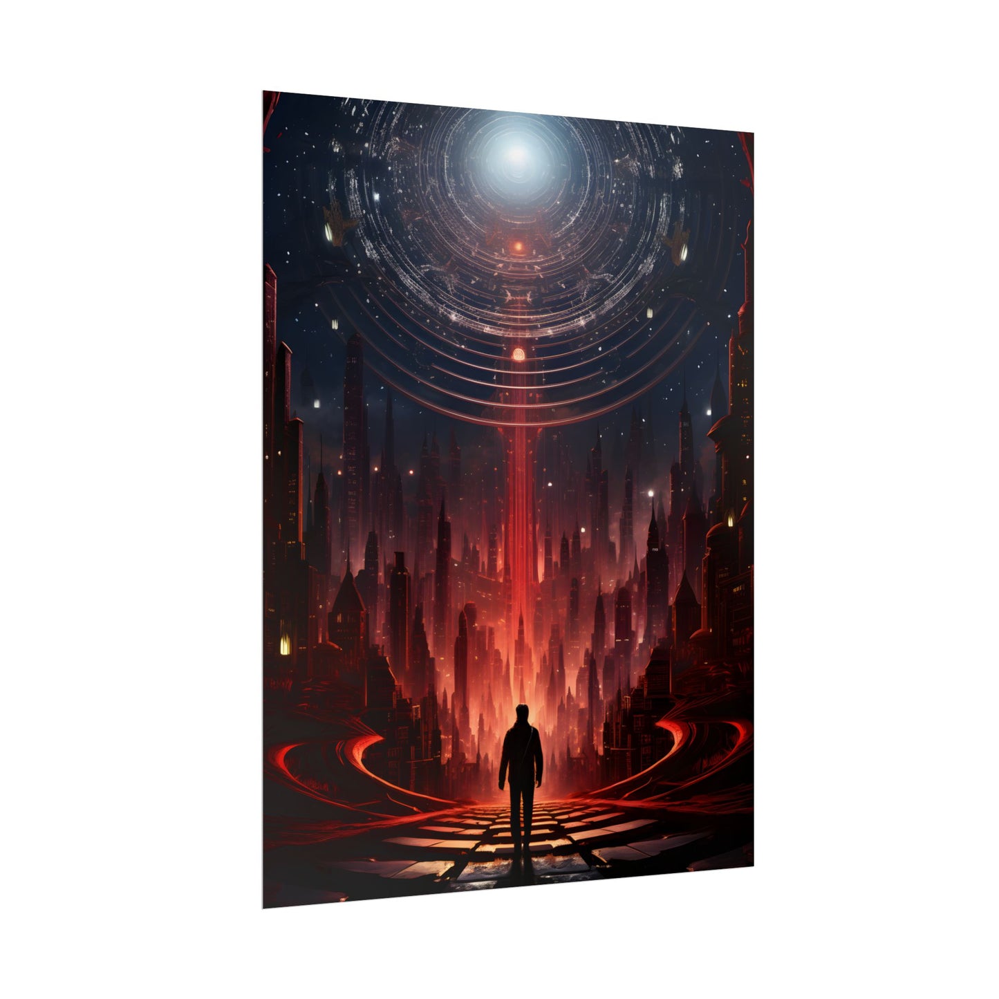 Futuristic Cityscape: Neon Sky Meets Nature's Harmony - Poster