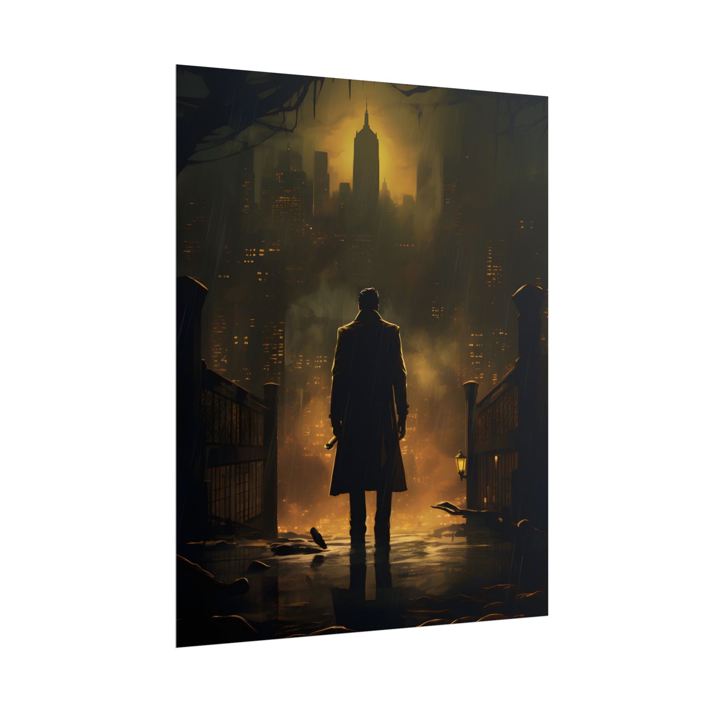 Urban Fantasy Detective: Moody City Skyline Reflection - Poster