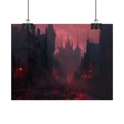 Dark Gothic Cityscape: A Serene Misty Dusk Scene - Poster