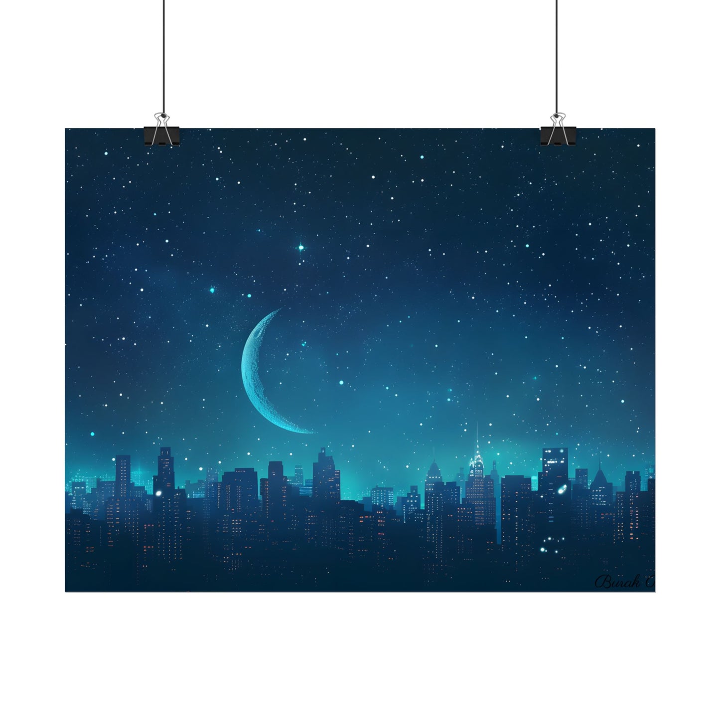 Starry Night Sky: Tranquil Dark Blue Scene with Crescent Moon - Poster
