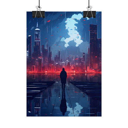 Cyberpunk Night Cityscape: A Melancholic Moment - Poster