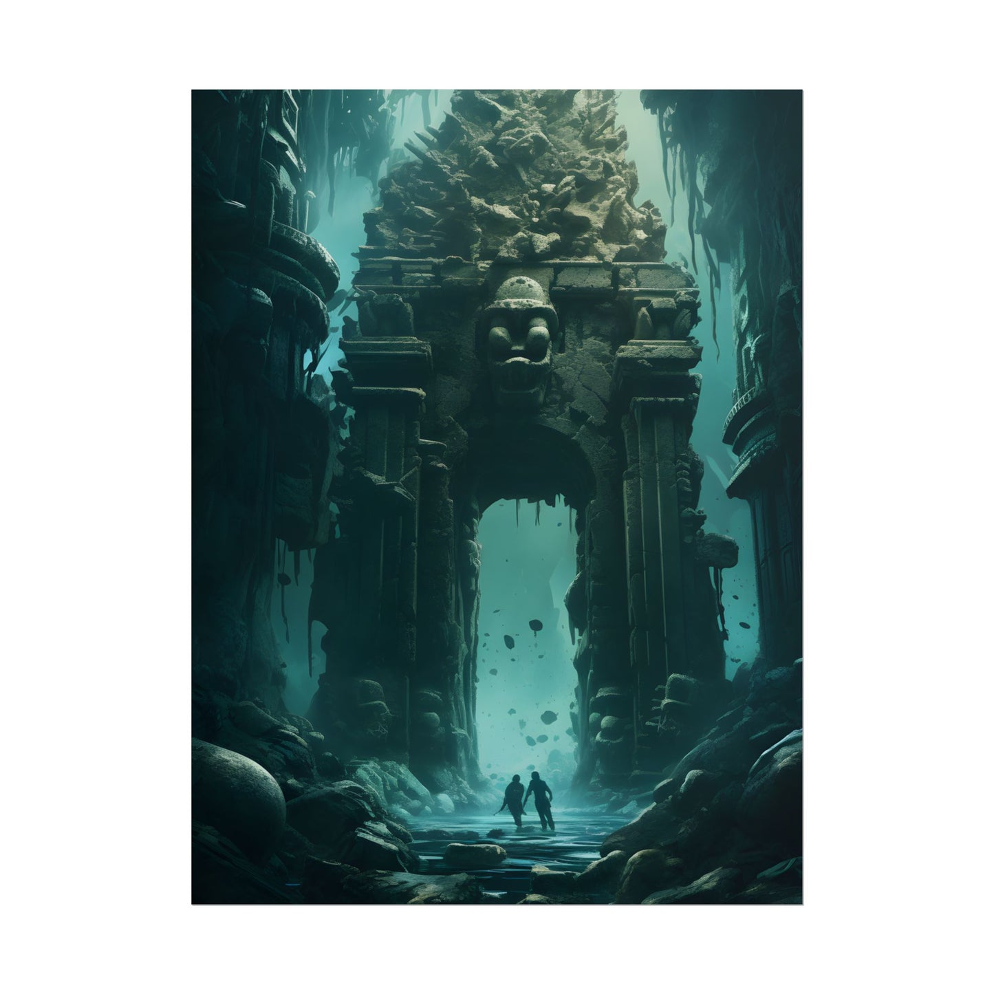 Lost Underwater Ancient City: Mysterious Blue Hues Art - Poster