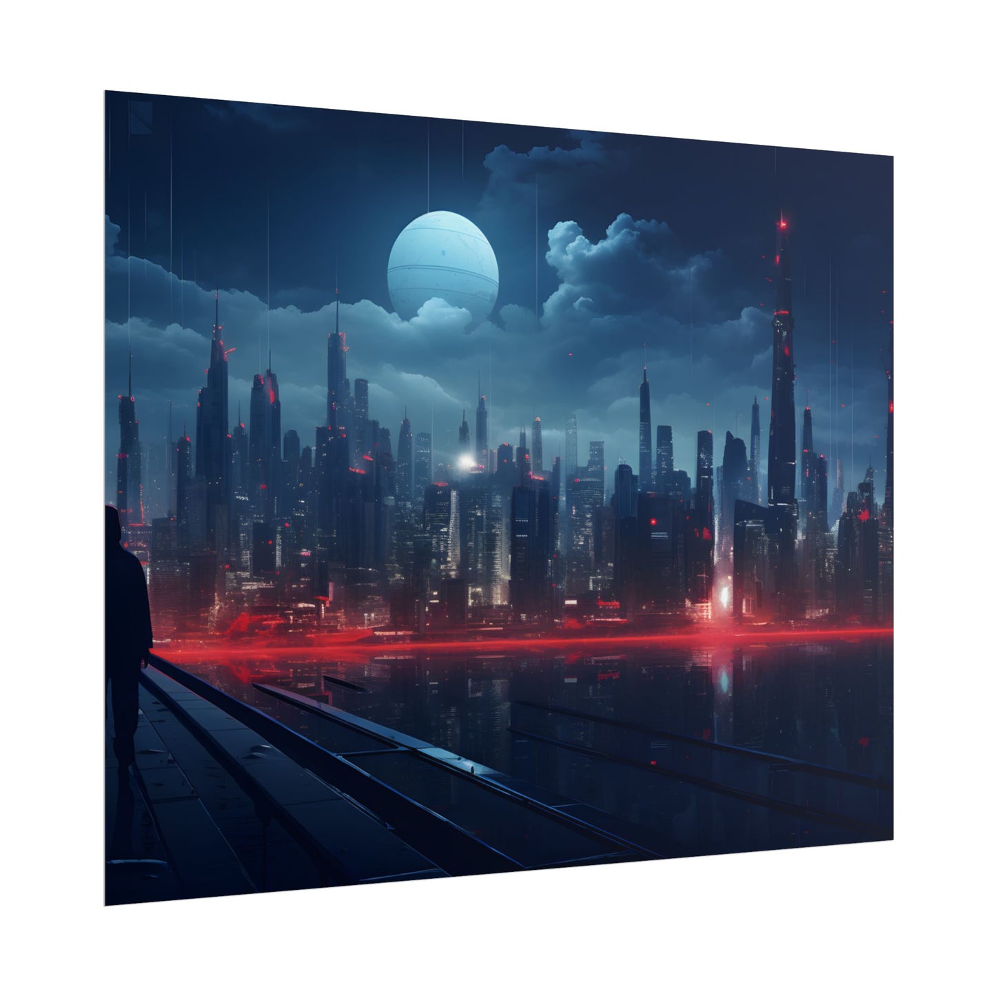 Melancholic Night: A Solo Figure in Cyberpunk Cityscape - Poster