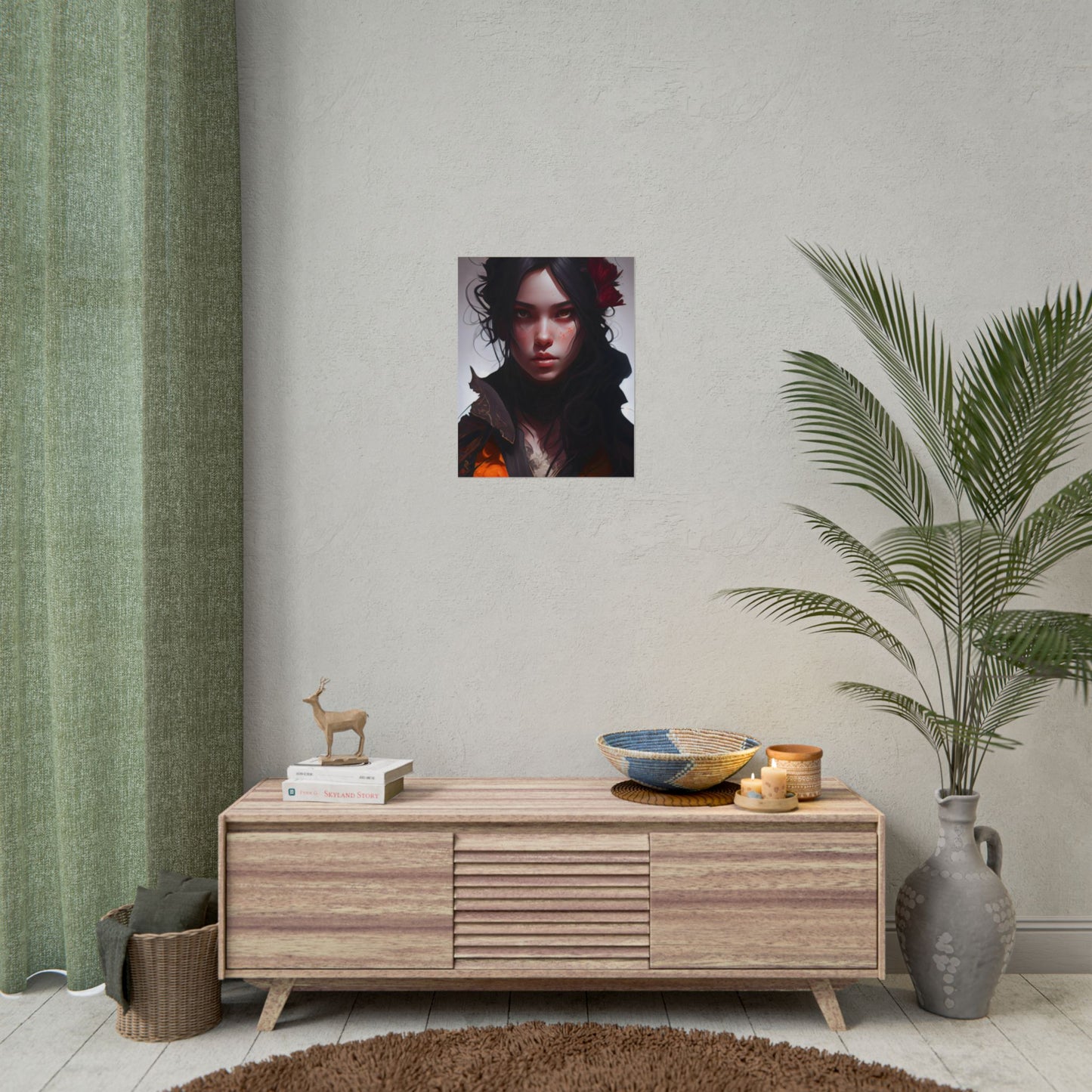 Black Hair Female Portrait: Elegant Dress Artwork - Poster