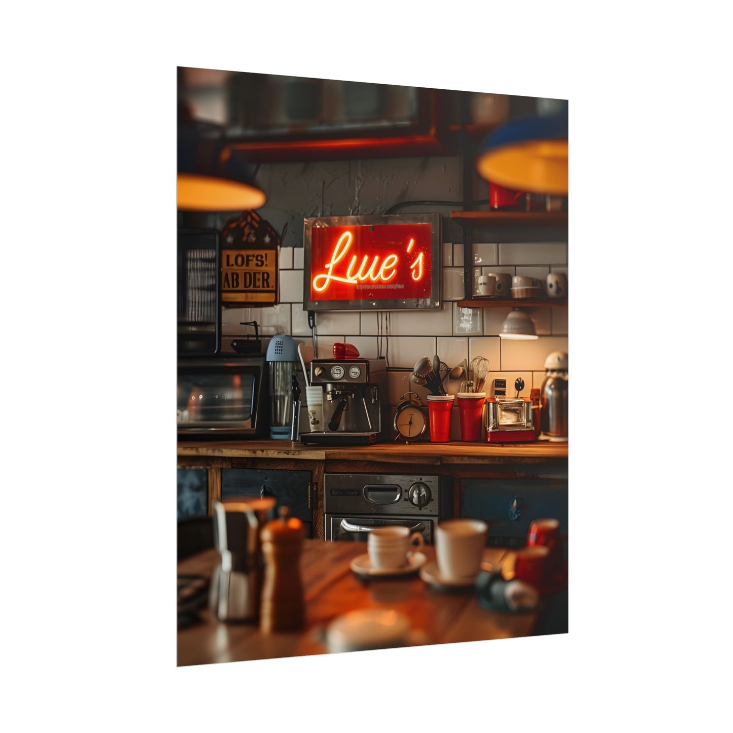 Cozy Retro Kitchen Artwork: Lukes Diner Sign Digital Art - Poster