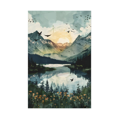 Serene Mountain Lake: Birds in Flight - Natural Art - Poster