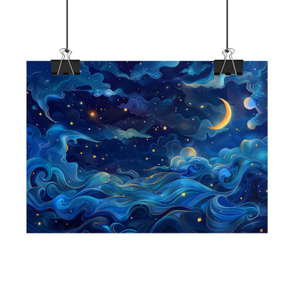Whimsical Dreamy Night Sky: Stars, Moon, and Shooting Star - Poster