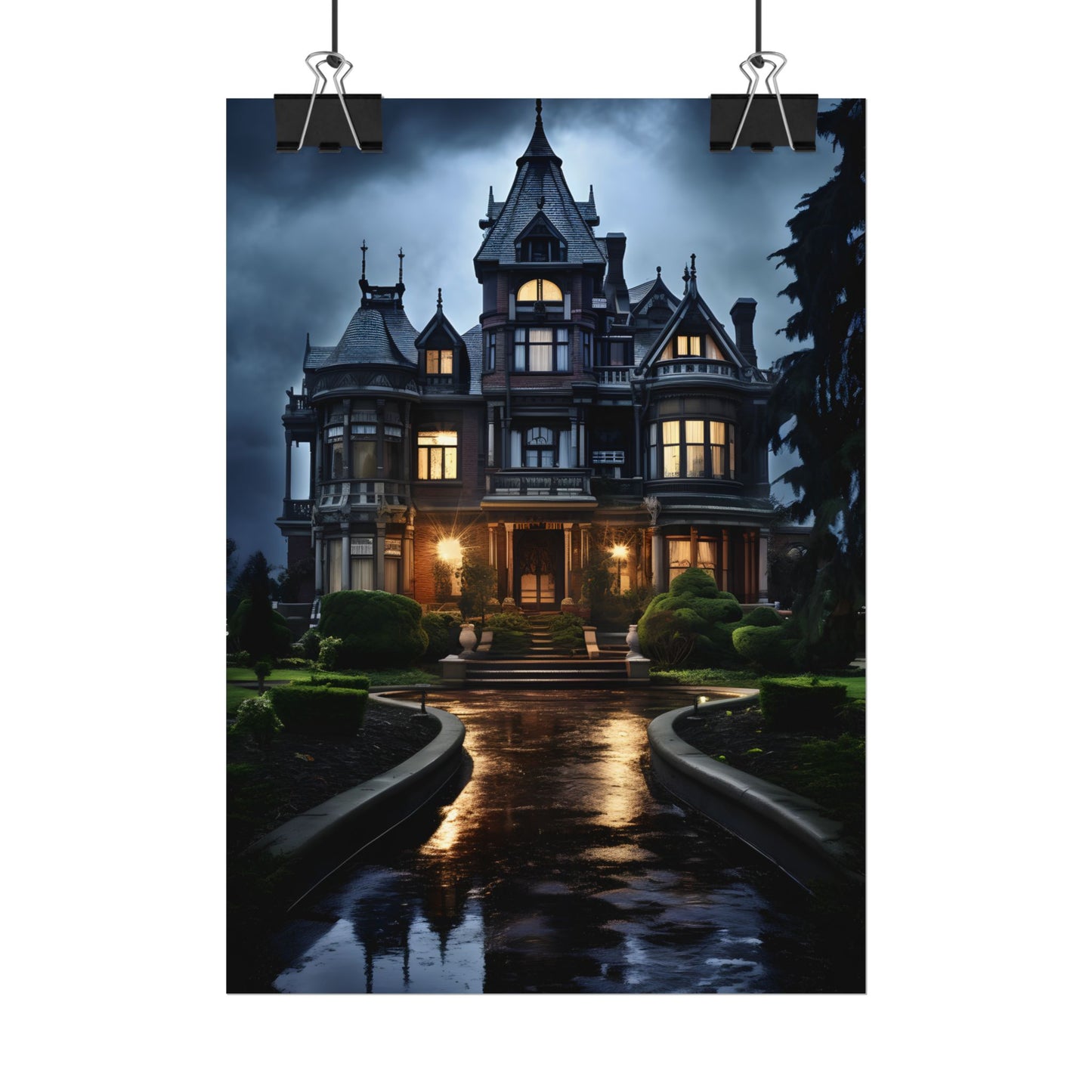Haunted Victorian Mansion: Spooky Stormy Night Art - Poster