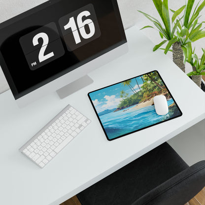 Tropical Island Serenity: Tranquil Sandy Beach with Palm Trees - Desk Mat