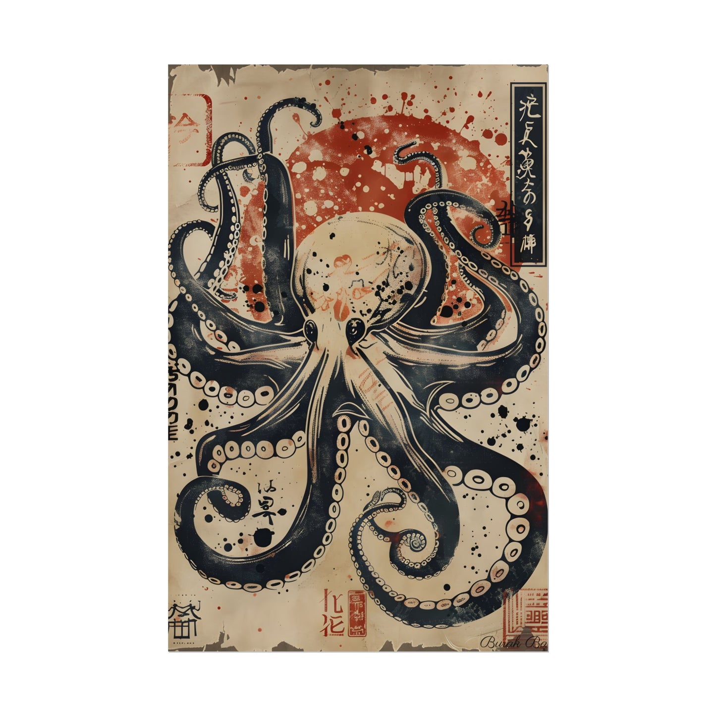 Stylized Octopus: Vibrant Japanese Ukiyo-E Artwork - Poster