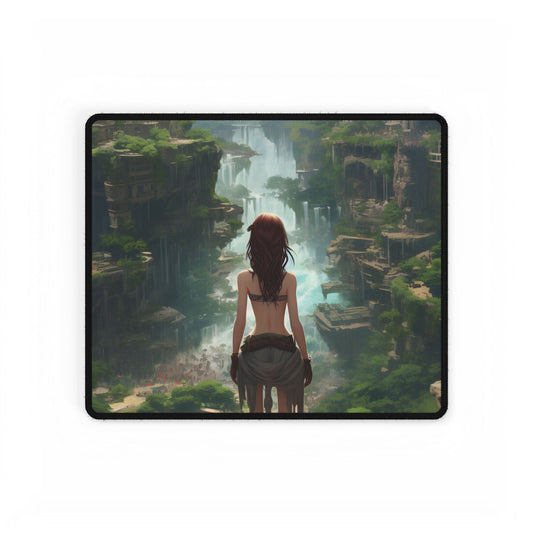 Dramatic Birds Eye View: Red Haired Anime Girl in Urban Landscape - Desk Mat