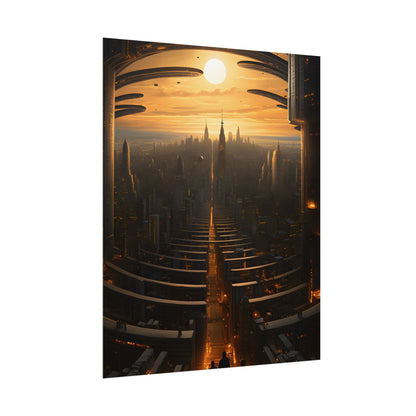 Dystopian Utopia: Futuristic Cityscape with Dark Facade - Poster