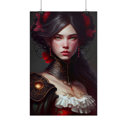 Elegant Black Hair Portrait in White Dress - Poster