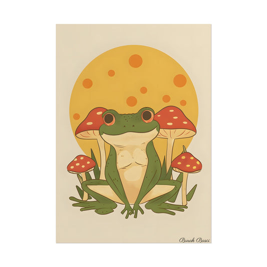 Retro Frog's Sunny Mushroom Meetup: Whimsical Artwork - Poster