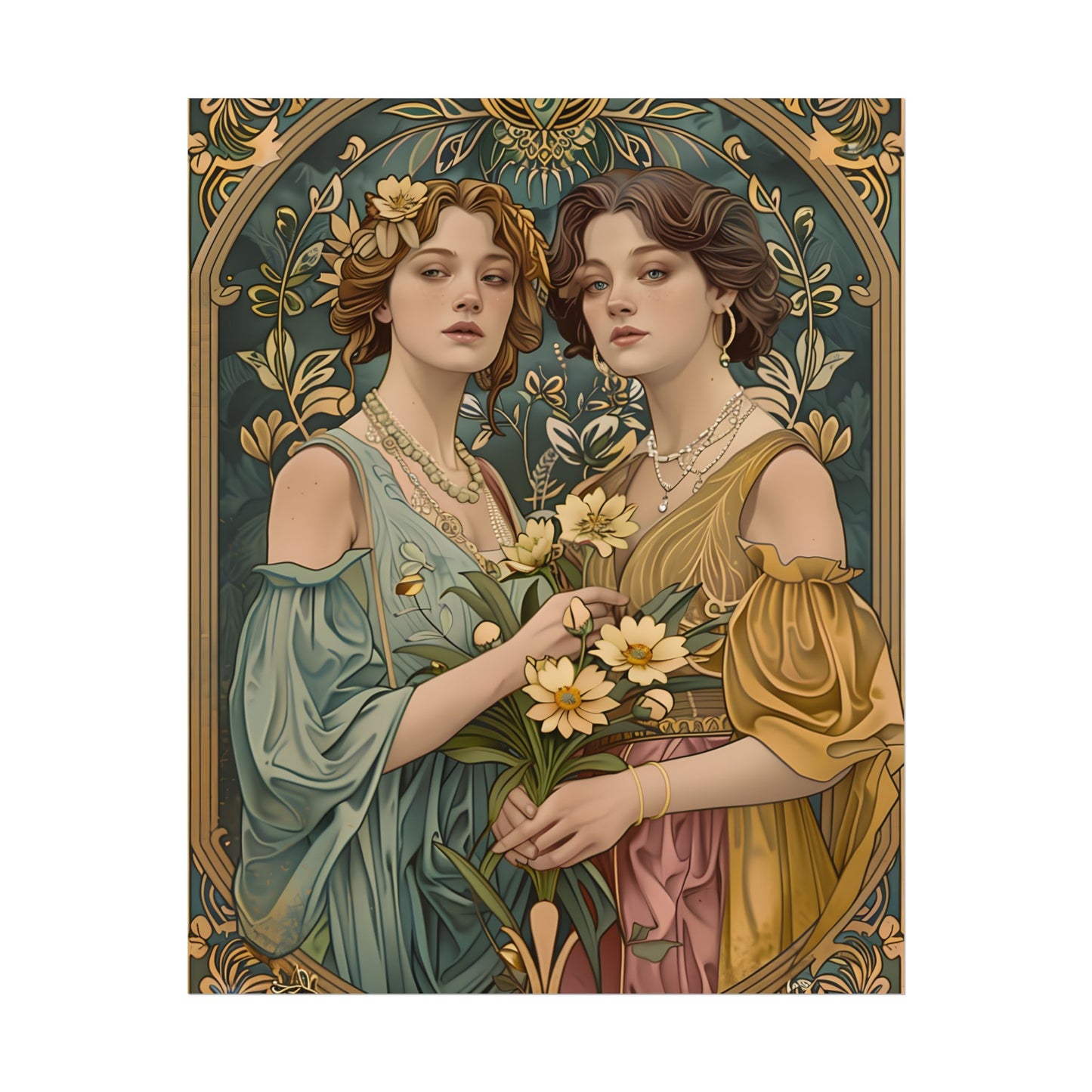 Two Women in Ornate Attire Holding Primr: Traditional Turkish Artwork - Poster
