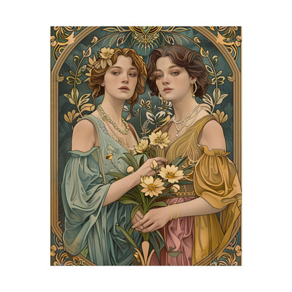 Two Women in Ornate Attire Holding Primr: Traditional Turkish Artwork - Poster