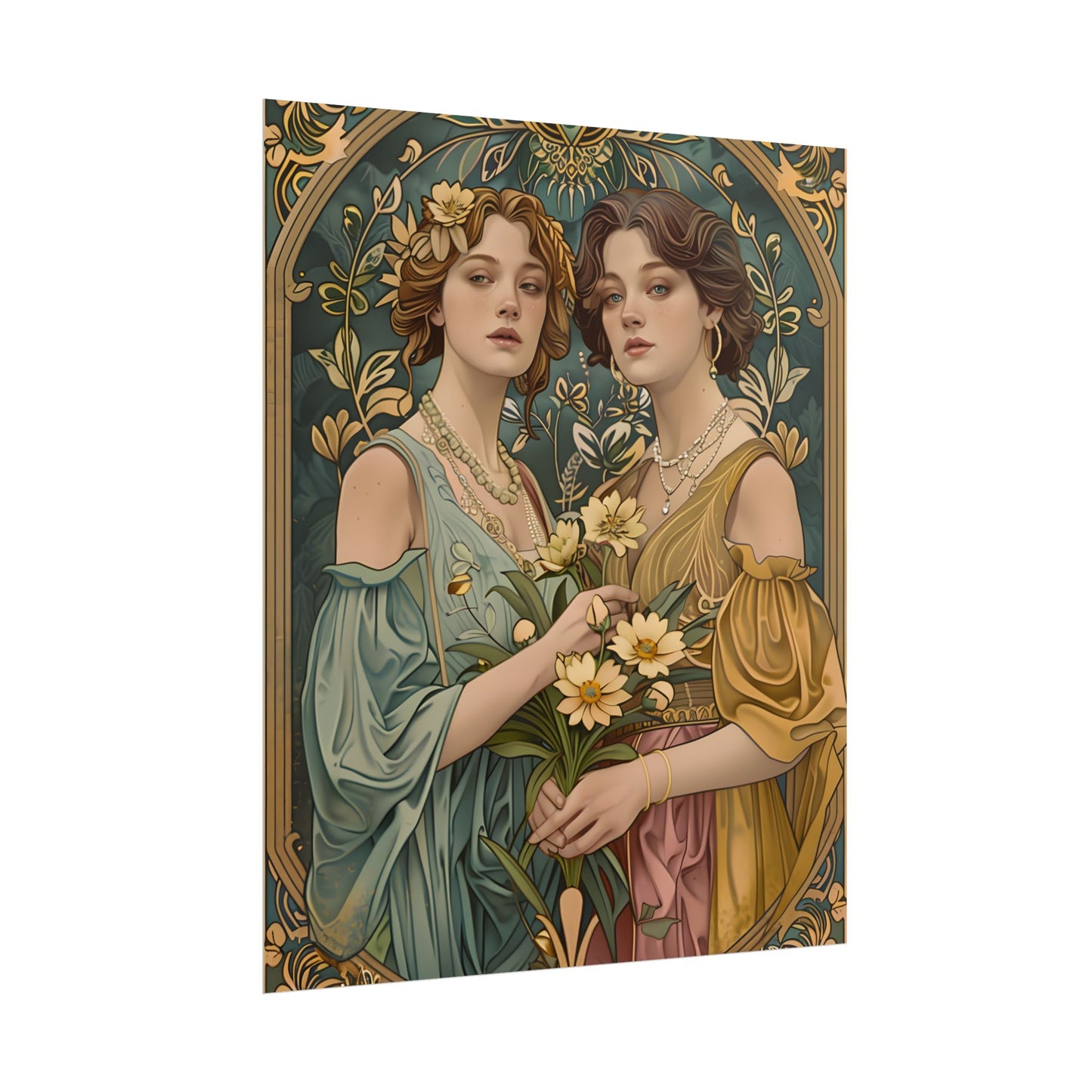 Two Women in Ornate Attire Holding Primr: Traditional Turkish Artwork - Poster