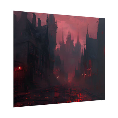 Dark Gothic Cityscape: A Serene Misty Dusk Scene - Poster