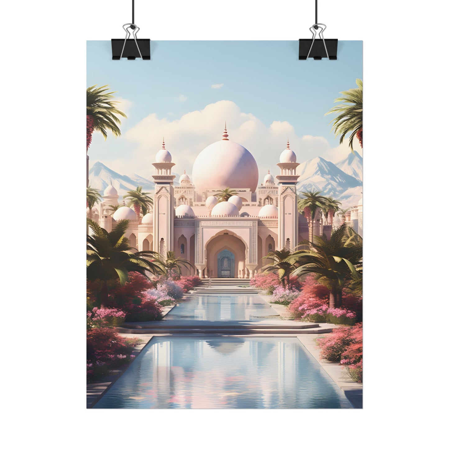 Serene Arabian Desert Oasis: Camels in a Palm Tree Landscape - Poster