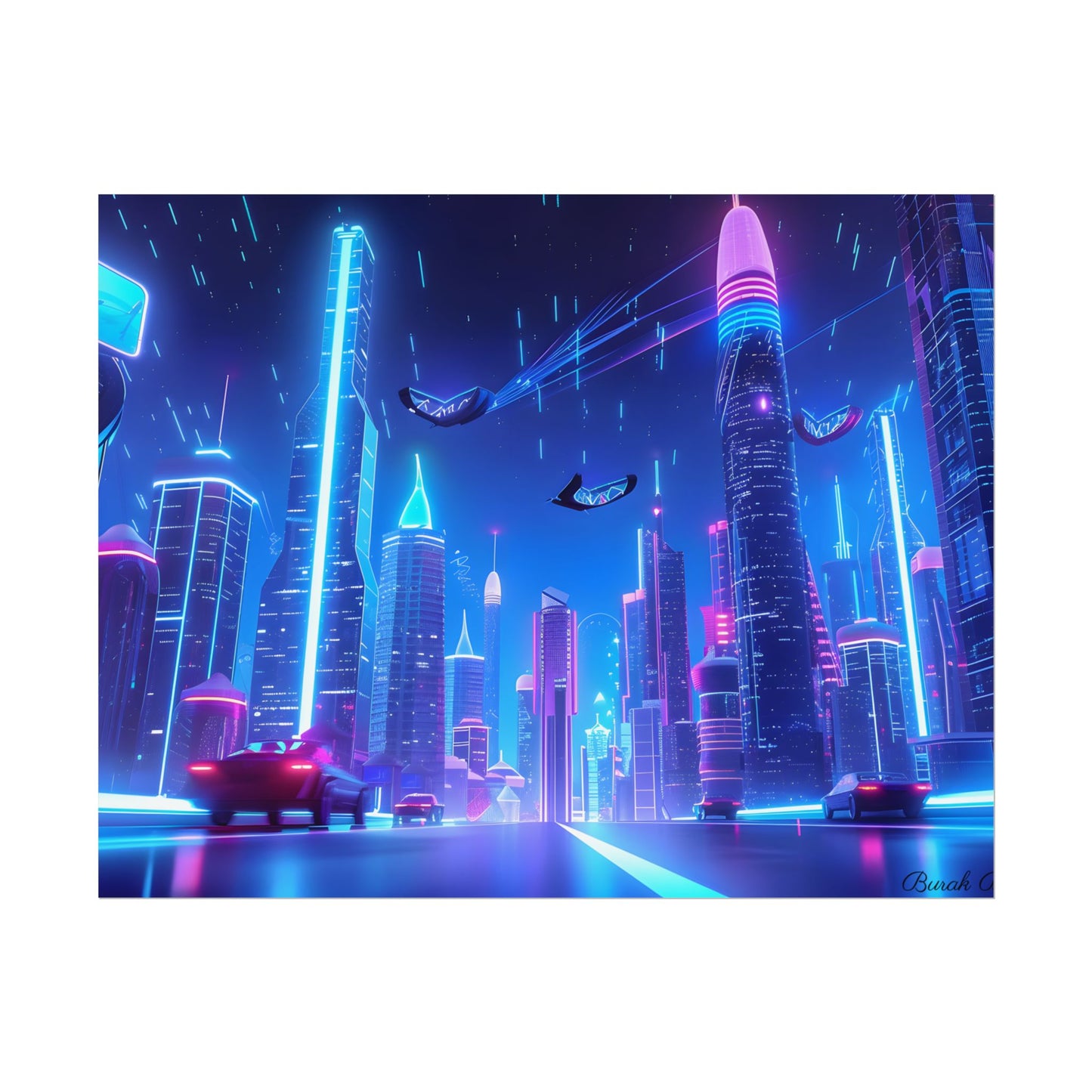 Vibrant Futuristic Cityscape: Neon Lights at Night Digital Artwork - Poster