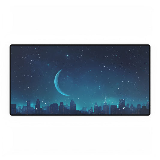 Starry Night Sky: Tranquil Dark Blue Scene with Crescent Moon - Desk Mat