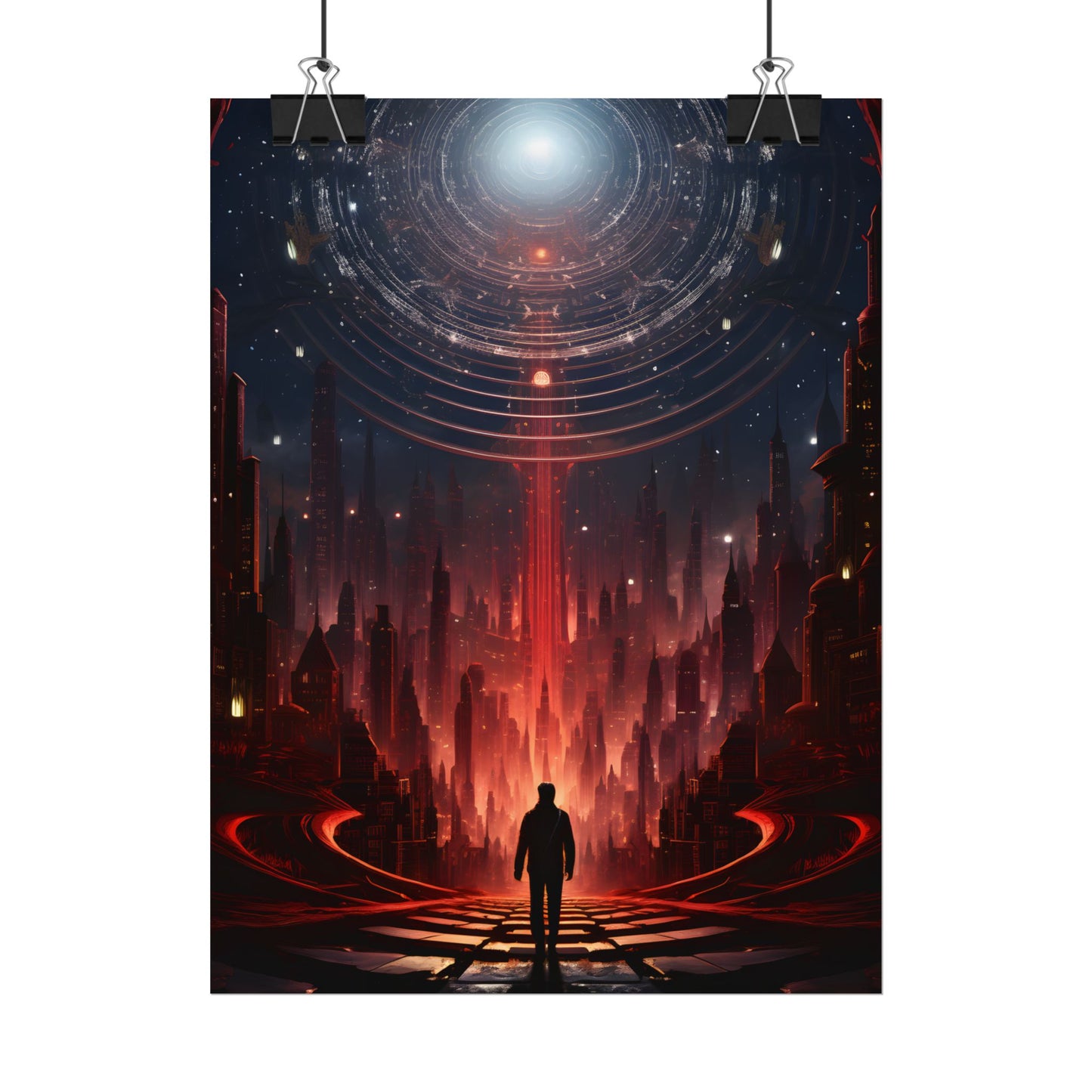 Futuristic Cityscape: Neon Sky Meets Nature's Harmony - Poster