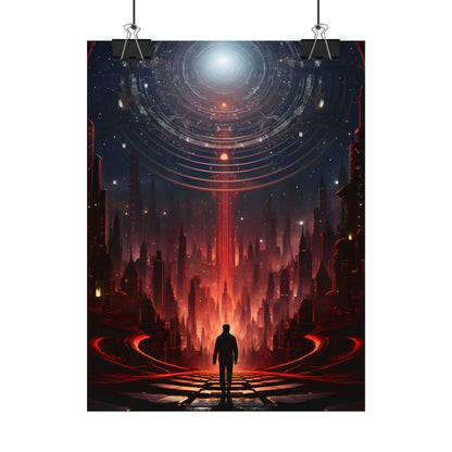 Futuristic Cityscape: Neon Sky Meets Nature's Harmony - Poster