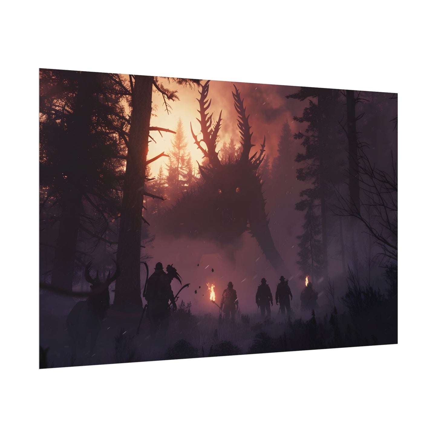 Serene Forest Sunset: Group Walking Through Misty Landscape - Poster