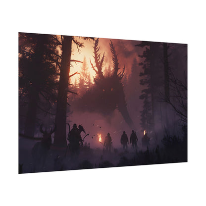 Serene Forest Sunset: Group Walking Through Misty Landscape - Poster