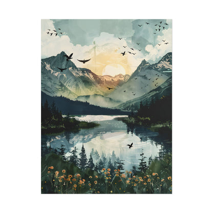 Serene Mountain Lake: Birds in Flight - Natural Art - Poster