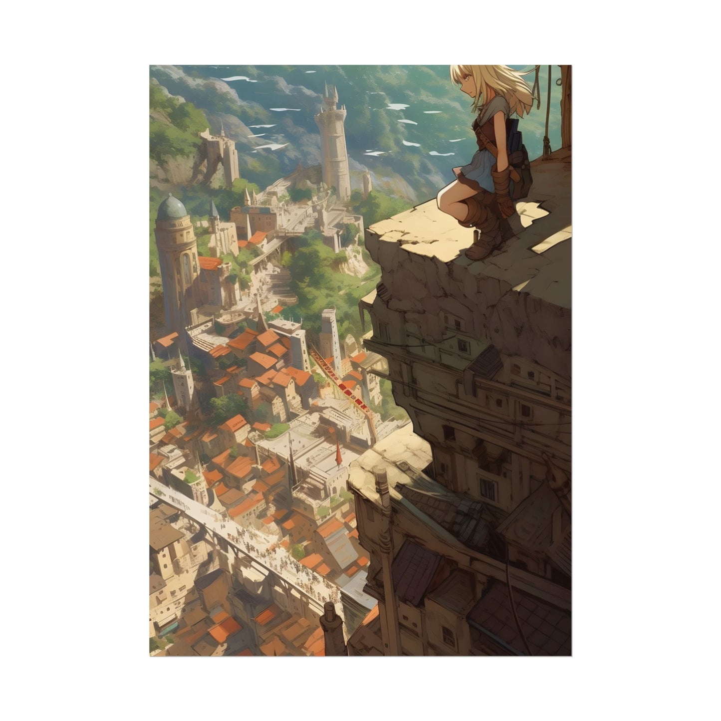 Dramatic Anime Bird's Eye View: Blonde Female in Action with Flying Birds - Poster