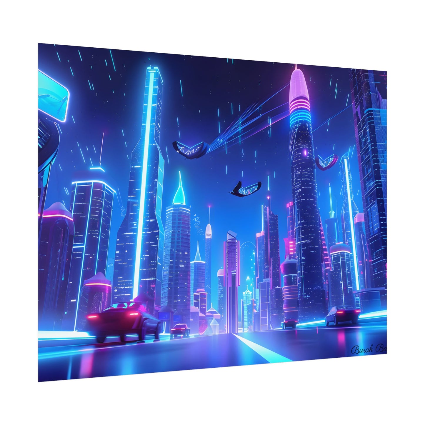 Vibrant Futuristic Cityscape: Neon Lights at Night Digital Artwork - Poster