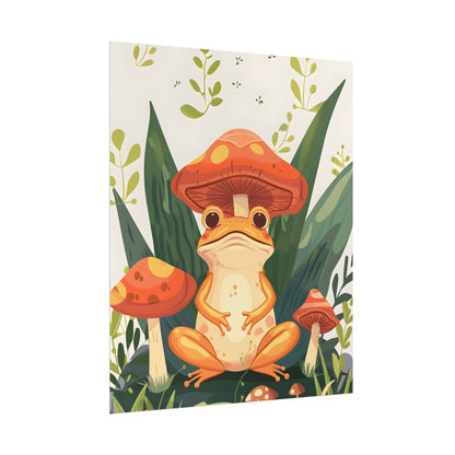 Retro Whimsy: Frog & Mushrooms in Close-Up Charm - Poster