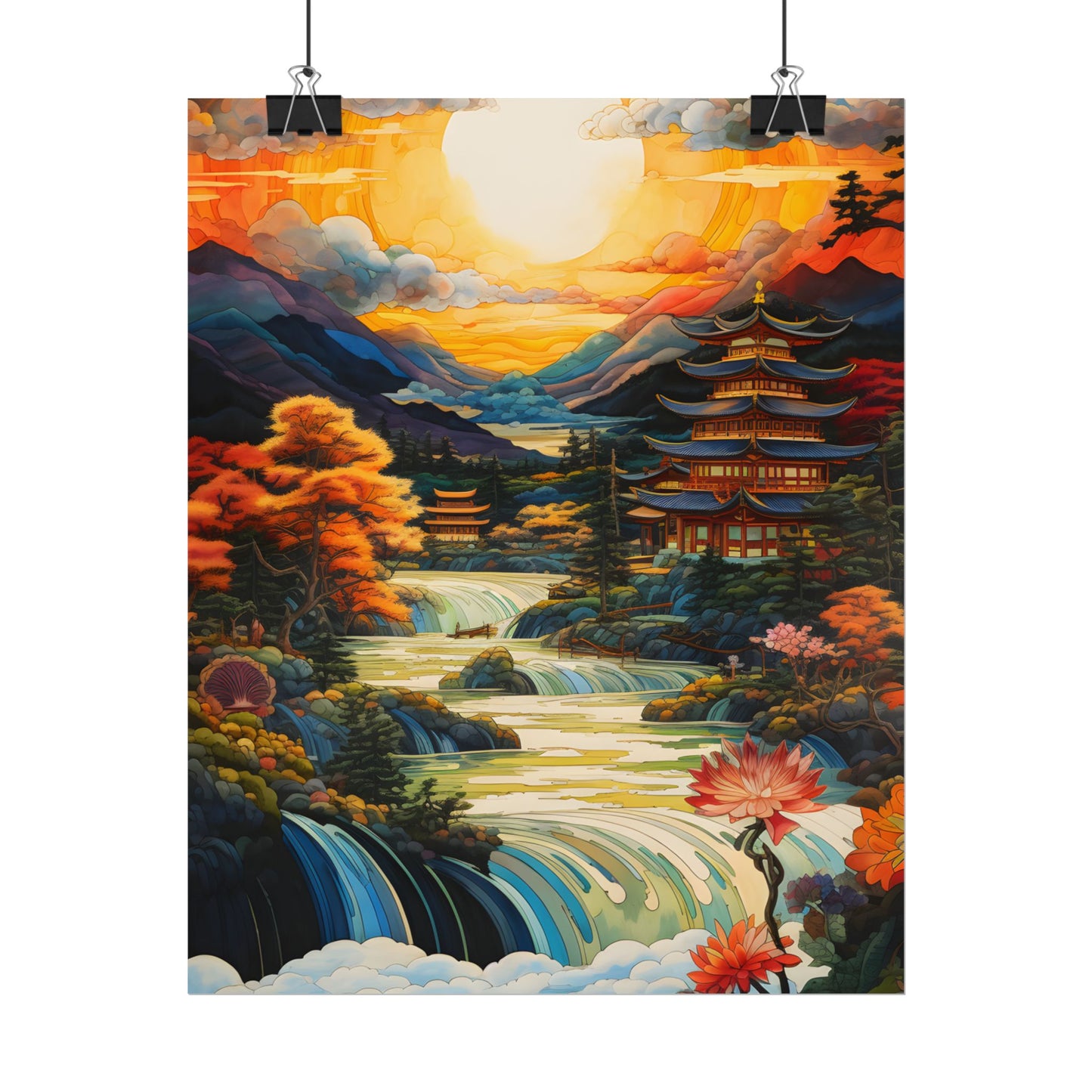 Peaceful Japanese River Landscape with Flowers: Serene Artwork - Poster