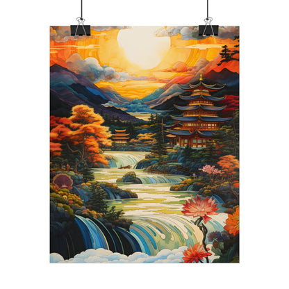 Peaceful Japanese River Landscape with Flowers: Serene Artwork - Poster