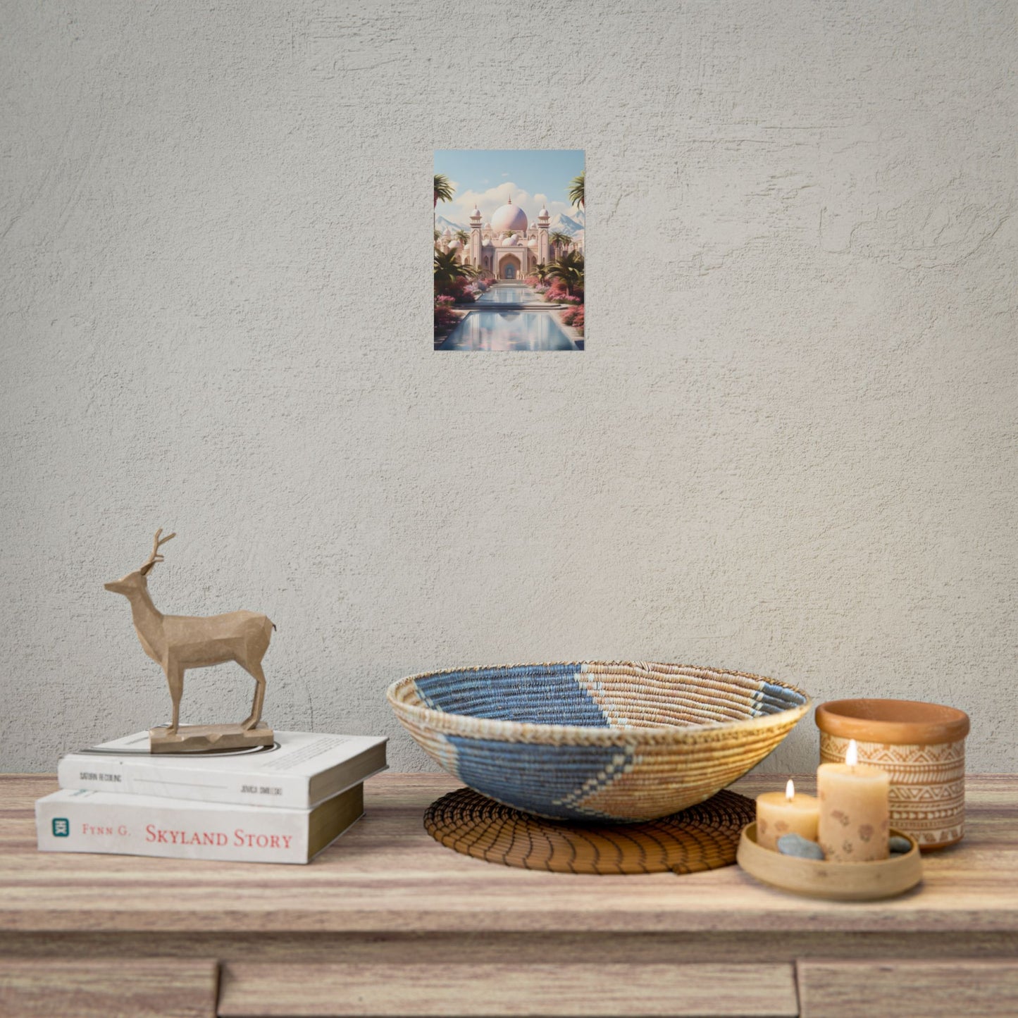 Serene Arabian Desert Oasis: Camels in a Palm Tree Landscape - Poster