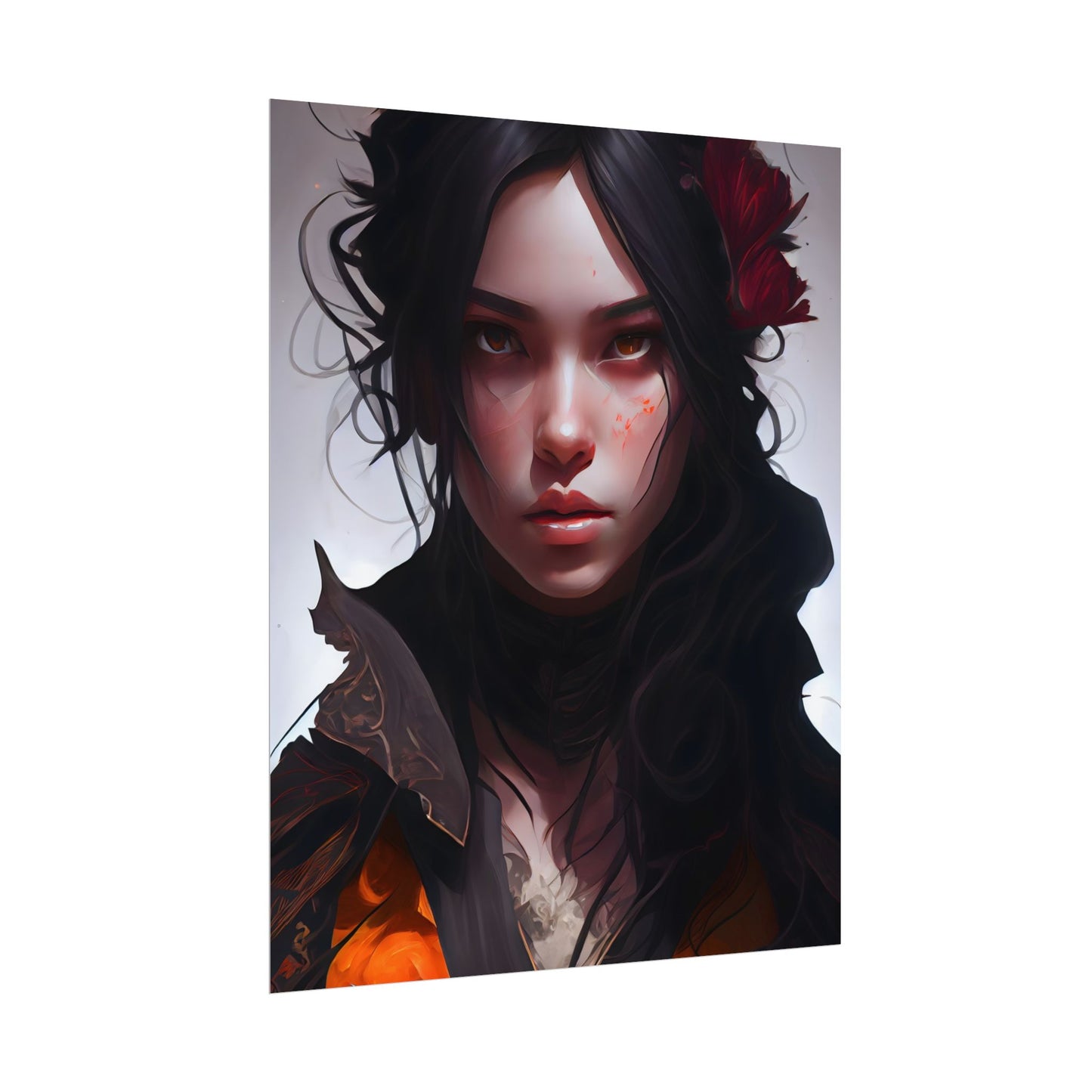 Black Hair Female Portrait: Elegant Dress Artwork - Poster