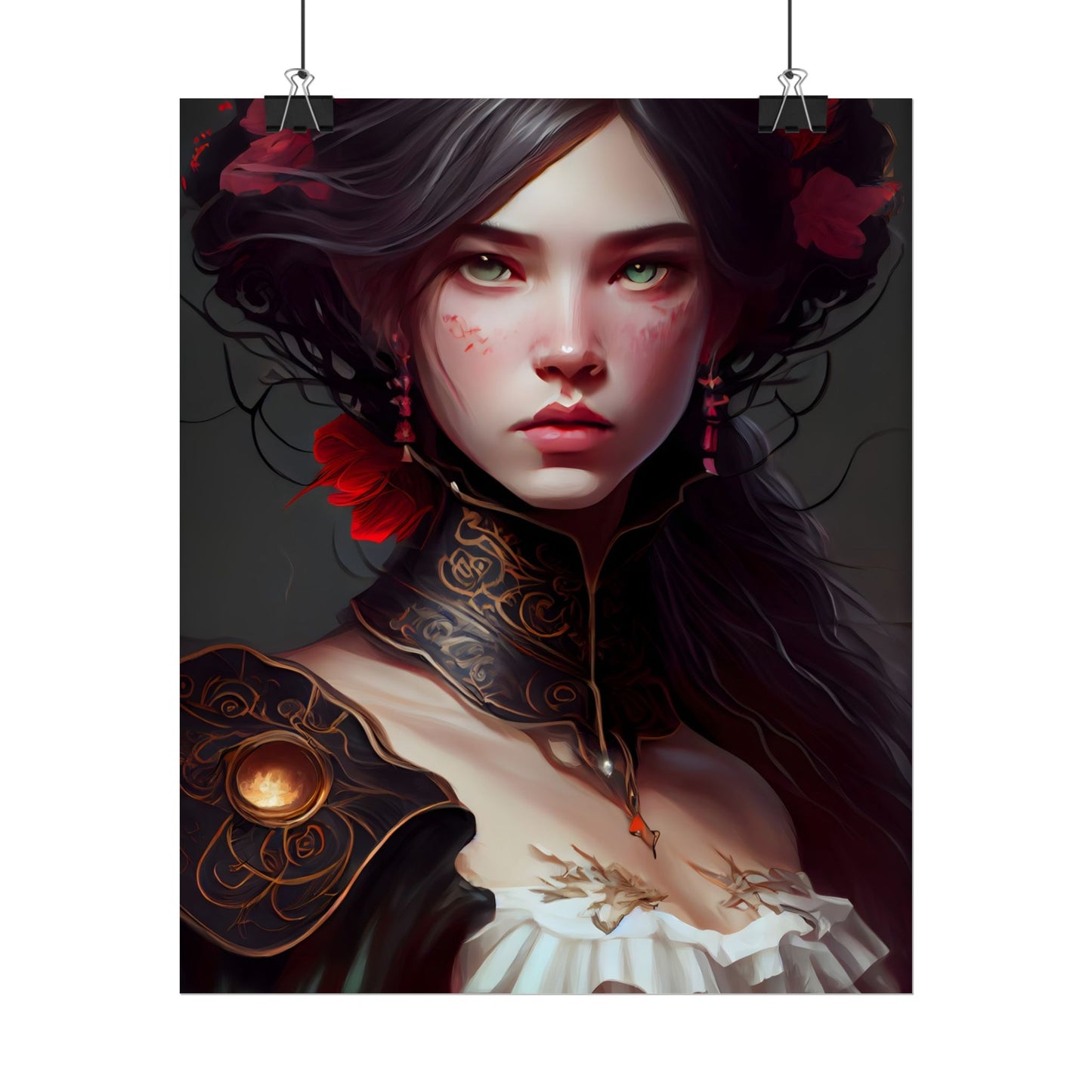 Elegant Black Hair Portrait in White Dress - Poster