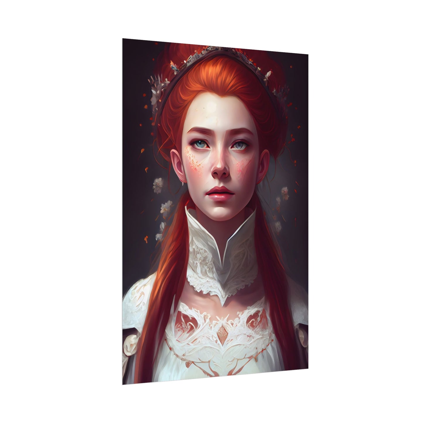 Soft Glow Redhead Portrait: Elegant Female Artwork in Dress - Poster