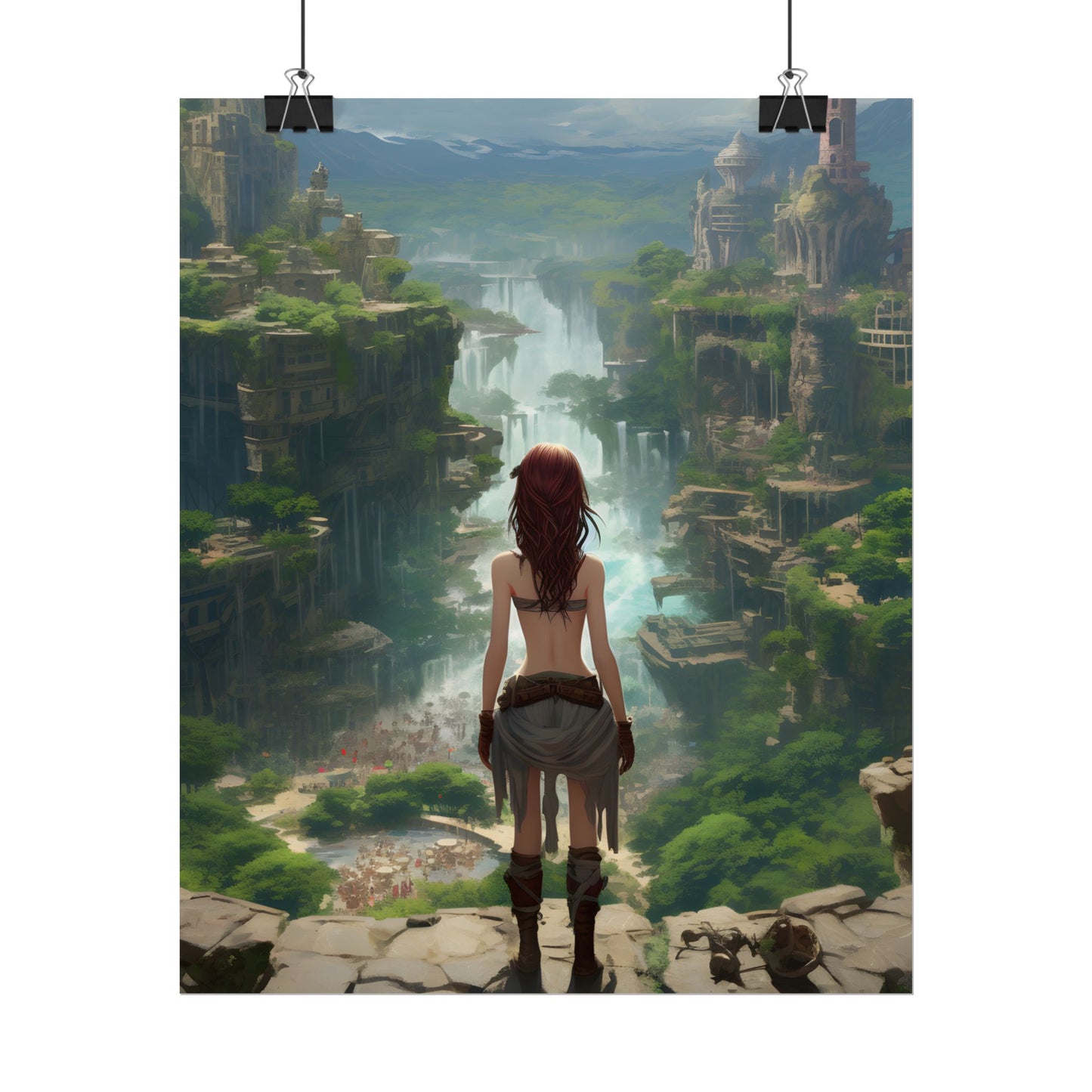 Dramatic Birds Eye View: Red Haired Anime Girl in Urban Landscape - Poster