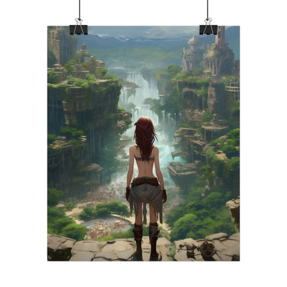 Dramatic Birds Eye View: Red Haired Anime Girl in Urban Landscape - Poster
