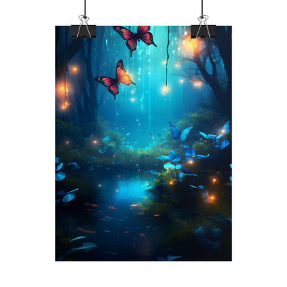 Moonlit Night Forest: Glowing Foggy Fantasy Bokeh Art - Poster
