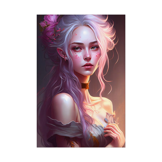 Pink Hair Portrait: Female in Black Outfit with Purple Background - Poster
